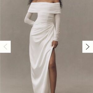 BHLDN Off-Shoulder White Long Sleeve Bridal Gown with Thigh Slit